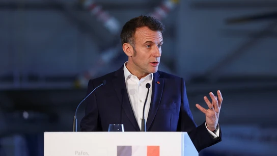 El presidente de Francia, Emmanuel Macron, durante una rueda de prensa en Chipre. El presidente de Francia, Emmanuel Macron, durante una rueda de prensa en Chipre.
