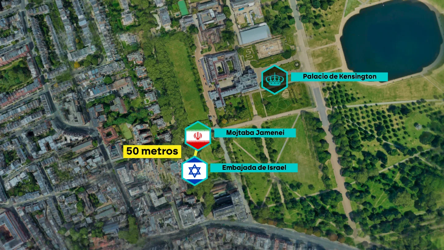 Distancia entre la casa de Mojtaba Jamenei y la embajada israelí en Londres Distancia entre la casa de Mojtaba Jamenei y la embajada israelí en Londres
