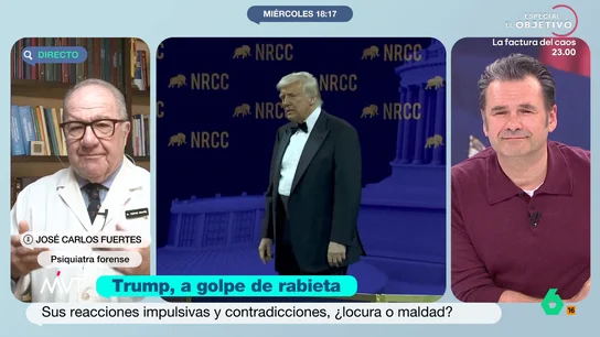El psiquiatra forense José Carlos Fuertes cree que la manera de actuar de Trump "es pose, mucha caricatura" Muchos profesionales definen al presidente de Estados Unidos como un "narcisista maligno" y lo comparan, incluso, con "los dictadores del siglo XX". Además, también se especula con que pueda sufrir algún tipo de deterioro cognitivo.
