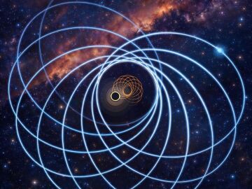 Recreaci&oacute;n de un sistema exc&eacute;ntrico formado por un agujero negro y una estrella de neutrones