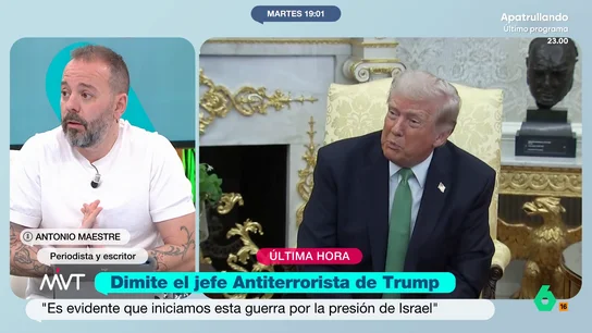 Antonio Maestre opina sobre la dimisión del jefe de Contraterrorismo de Trump Antonio Maestre analiza la salida de Joe Kent, que según él "daba miedo que estuviese al cargo de la dirección de Contraterrorismo" y asegura que esto significa que "empieza a haber grietas dentro de los más radicales de Trump".