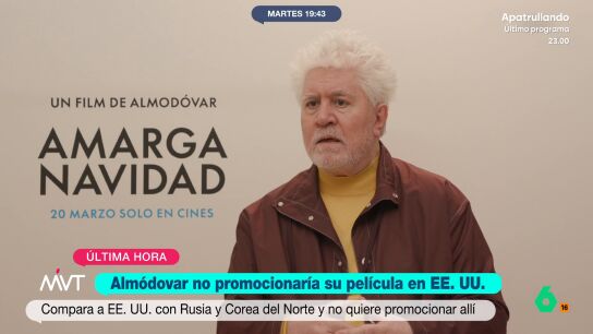 En una entrevista con laSexta, Pedro Almod&oacute;var aplaude las reivindicaciones de Bardem en los Oscars y afirma que se plantea no promocionar su pel&iacute;cula en EEUU: "No quiero ir a un lugar donde haya una dictadura, donde es la ley del m&aacute;s fuerte".