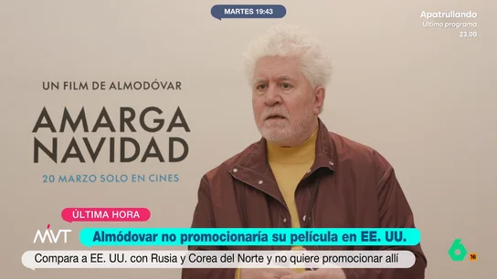 Almodóvar afirma que se plantea no promocionar su película en EEUU En una entrevista con laSexta, Pedro Almodóvar aplaude las reivindicaciones de Bardem en los Oscars y afirma que se plantea no promocionar su película en EEUU: "No quiero ir a un lugar donde haya una dictadura, donde es la ley del más fuerte".