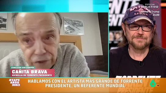 La emocionante charla sorpresa de Cañita Brava con Santiago Segura, en vídeo: "Le aprecio mucho porque es mi respeto y mi honor" Zapeando sorprende a Santiago Segura y conecta en directo con su actor fetiche, Cañita Brava, con el que hablan de su papel en 'Torrente presidente' y de su bonita amistad que se remonta muchos años atrás.