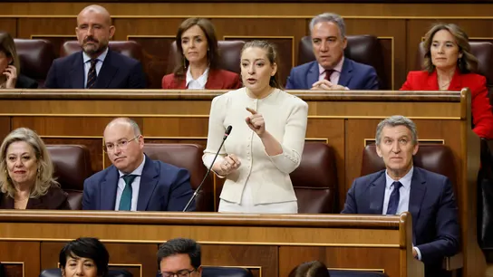 La portavoz parlamentaria del PP, Ester Muñoz, durante su intervención en la sesión de control al Ejecutivo que se celebra este miércoles en el Congreso. La portavoz parlamentaria del PP, Ester Muñoz, durante su intervención en la sesión de control al Ejecutivo que se celebra este miércoles en el Congreso.