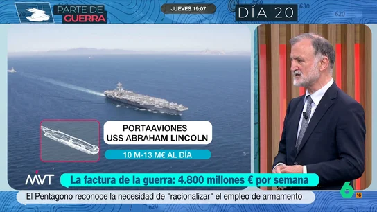 El almirante Garat, sobre el gasto de EEUU en la guerra de Irán: "Las cifras son más altas que lo que se están manejando" Mientras las estimaciones del gasto dicen que EEUU se estaría gastando 2.500 millones de euros al día en la guerra en Iran, Garat cree que las cifras son "bastante más altas" porque "no se están contando los misiles más caros".