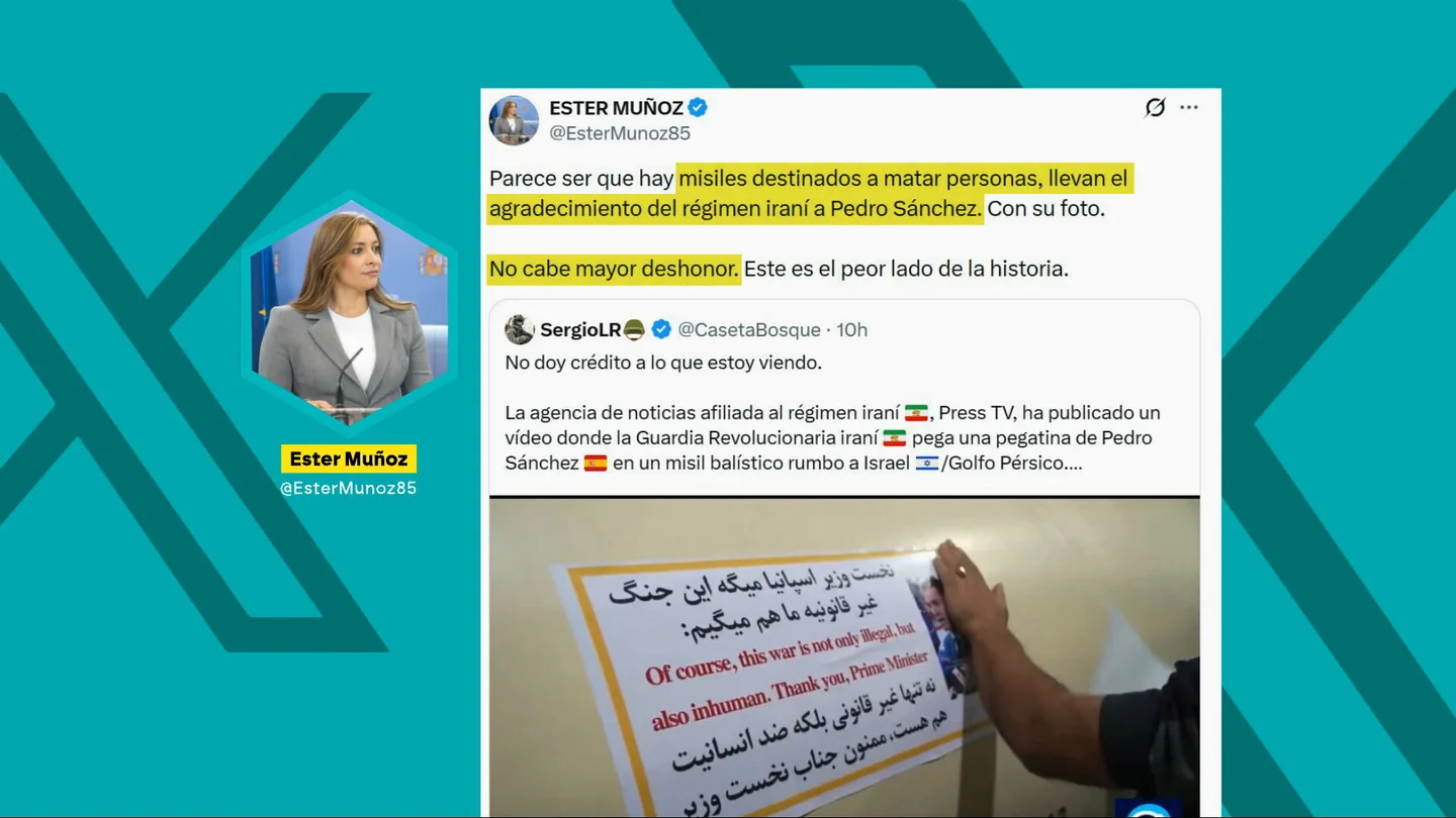 Comentario de Ester Muñoz en X a la propaganda iraní con la cara de Pedro Sánchez Comentario de Ester Muñoz en X a la propaganda iraní con la cara de Pedro Sánchez