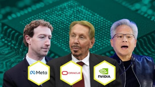 Mark Zuckerberg, due&ntilde;o de Meta, el propietario de Oracle, Larry Ellison, y Jensen Huang, CEO de NVIDIA 