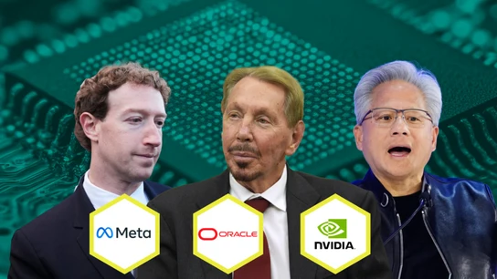 Mark Zuckerberg, dueño de Meta, el propietario de Oracle, Larry Ellison, y Jensen Huang, CEO de NVIDIA Mark Zuckerberg, dueño de Meta, el propietario de Oracle, Larry Ellison, y Jensen Huang, CEO de NVIDIA