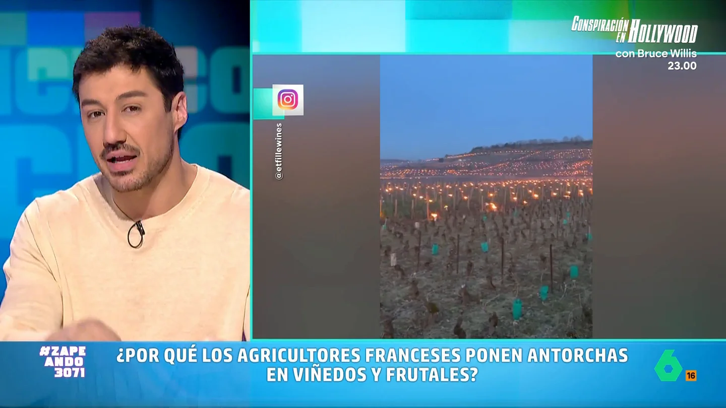 Francisco Cacho explica por qué los agricultores franceses ponen antorchas en sus viñedos y campos frutales El meteorólogo de laSexta explica que en el país vecino utilizan varias técnicas para evitar que frene la floración de los árboles y así defender sus cosechas.