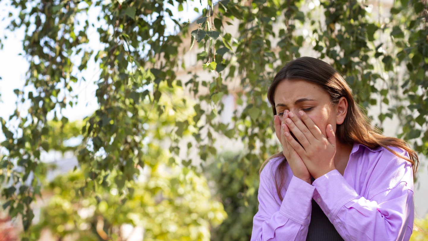 Una mujer estornudando en primavera Una mujer estornudando en primavera