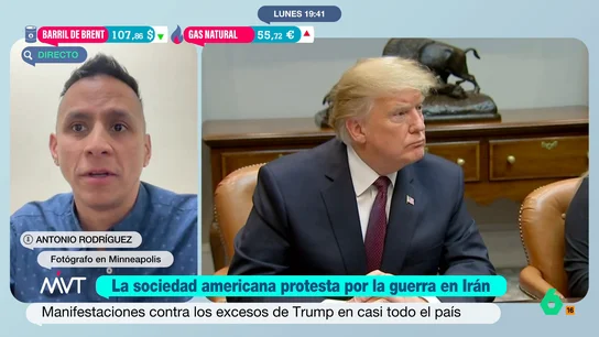 Un residente en Minneapolis cuenta que "la gente que ha votado a Trump está muy descontenta" con la subida de precios por la guerra Este fin de semana se ha celebrado en Minneapolis y en otras ciudades estadounidenses manifestaciones en contra de Donald Trump. Antonio Rodríguez es un fotógrafo latino que reside en esta ciudad de Minnesota con su familia.