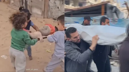 'Jugar a los funerales' con un muñeco: la imagen que muestra el horror diario al que son sometidos los niños en Gaza 'Jugar a los funerales' con un muñeco: la imagen que muestra el horror diario al que son sometidos los niños en Gaza