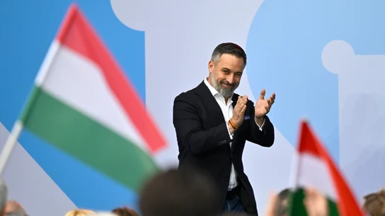 El líder de Vox, Santiago Abascal, durante el acto de apoyo a Víktor Orbán celebrado en Budapest (Hungría) El líder de Vox, Santiago Abascal, durante el acto de apoyo a Víktor Orbán celebrado en Budapest (Hungría)