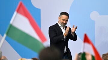 El l&iacute;der de Vox, Santiago Abascal, durante el acto de apoyo a V&iacute;ktor Orb&aacute;n celebrado en Budapest (Hungr&iacute;a)