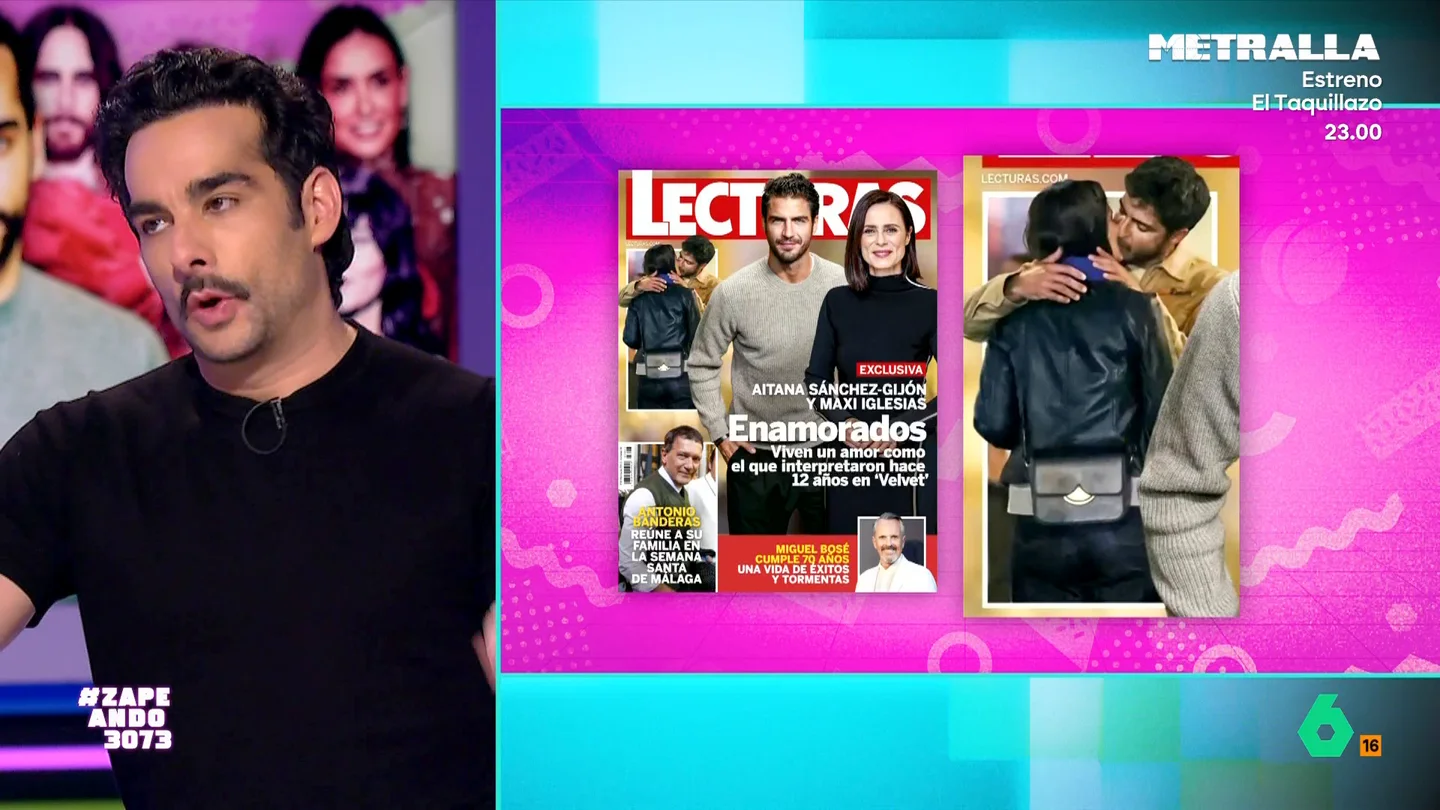 Juan Sanguino, sobre la relación entre Aitana Sánchez-Gijón y Maxi Iglesias: "Es un romance que no sabíamos que necesitábamos" En la revista 'Lecturas' se ha publicado, en exclusiva, una fotografía en la que se puede ver a los actores dándose un apasionado beso.