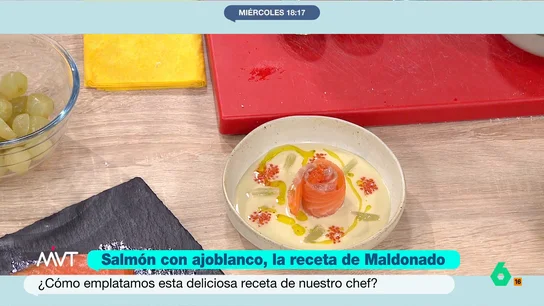 Carlos Maldonado y su propuesta para Semana Santa: salmón marinado y ahumado con ajo blanco de uvas Descubre el paso a paso de una receta de alta cocina sencilla y, sobre todo, deliciosa. Esta se compone de ingredientes disponibles en cualquier supermercado.