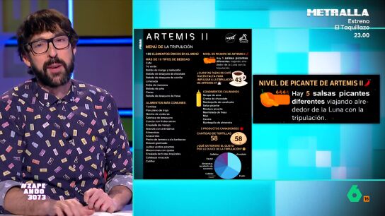 Esta noche despega la misi&oacute;n Artemis II rumbo a la Luna y Zapeando analiza una parte indispensable del viaje: el men&uacute; de los astronautas, donde no faltan las bebidas, las salsas y la comida 'healthy' digna de un "garito moderno de Malasa&ntilde;a".