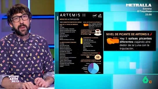 Así es el menú de la Artemis II en su viaje a la Luna: café, té verde, cinco tipos de salsa picante, brócoli y coliflor Esta noche despega la misión Artemis II rumbo a la Luna y Zapeando analiza una parte indispensable del viaje: el menú de los astronautas, donde no faltan las bebidas, las salsas y la comida 'healthy' digna de un "garito moderno de Malasaña".