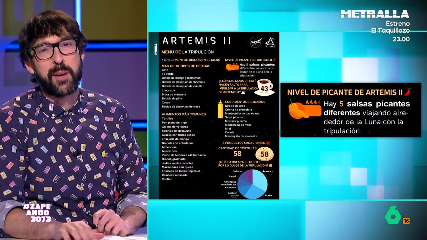 Esta noche despega la misi&oacute;n Artemis II rumbo a la Luna y Zapeando analiza una parte indispensable del viaje: el men&uacute; de los astronautas, donde no faltan las bebidas, las salsas y la comida 'healthy' digna de un "garito moderno de Malasa&ntilde;a".