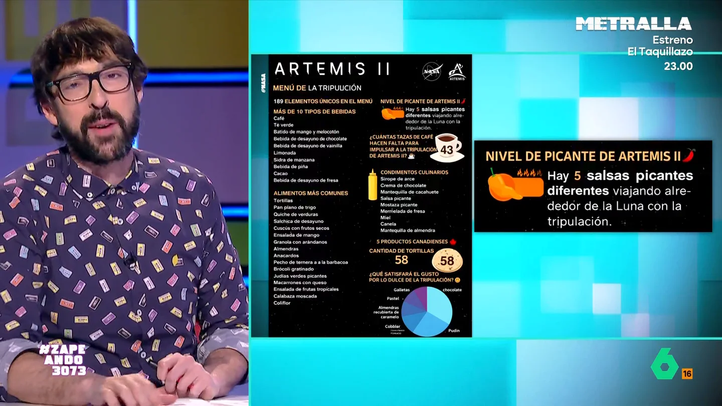 Así es el menú de la Artemis II en su viaje a la Luna: café, té verde, cinco tipos de salsa picante, brócoli y coliflor Esta noche despega la misión Artemis II rumbo a la Luna y Zapeando analiza una parte indispensable del viaje: el menú de los astronautas, donde no faltan las bebidas, las salsas y la comida 'healthy' digna de un "garito moderno de Malasaña".