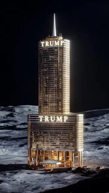 Imagen realizada con IA con una de los característicos rascacielos de Trump pero edificado sobre la Luna y con forma de cohete Imagen realizada con IA con una de los característicos rascacielos de Trump pero edificado sobre la Luna y con forma de cohete