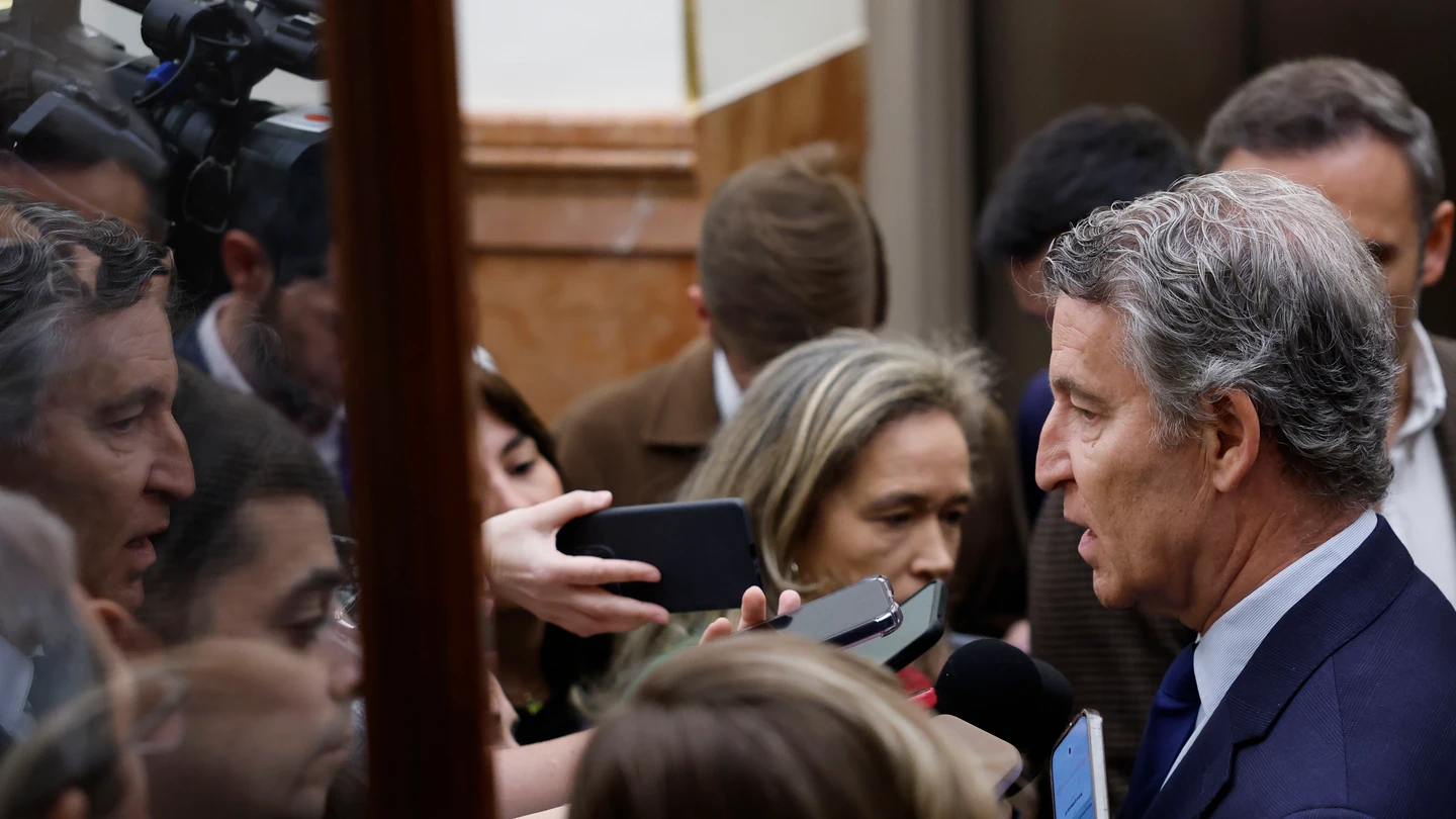 El líder del PP, Alberto Núñez Feijóo, en declaraciones a los medios este miércoles en el Congreso, donde se ha celebrado sesión de control al Gobierno El líder del PP, Alberto Núñez Feijóo, en declaraciones a los medios este miércoles en el Congreso, donde se ha celebrado sesión de control al Gobierno