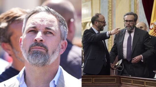 El l&iacute;der de Vox, Santiago Abascal, el vicepresidente primero del Congreso, Alfonso Rodr&iacute;guez de Celis, y el diputado de Vox Jos&eacute; Mar&iacute;a S&aacute;nchez.