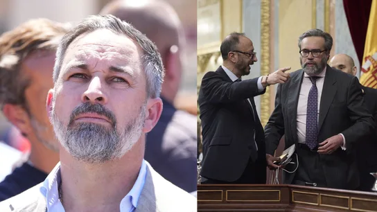El líder de Vox, Santiago Abascal, el vicepresidente primero del Congreso, Alfonso Rodríguez de Celis, y el diputado de Vox José María Sánchez. El líder de Vox, Santiago Abascal, el vicepresidente primero del Congreso, Alfonso Rodríguez de Celis, y el diputado de Vox José María Sánchez.