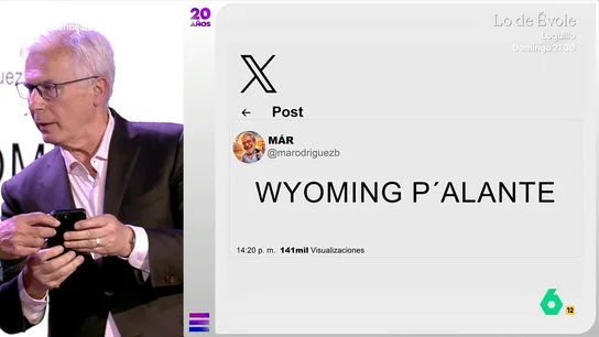 "Wyoming, p'alante": Baltasar Garzón avisa a Wyoming de una "causa penal" contra él y le muestra un 'tuit' de 'Miguel Ángel Rodríguez' Baltasar Garzón también se suma a la fiesta de El Intermedio por su 20 aniversario y, en este vídeo, comunica a Wyoming que se ha abierto "una causa penal" contra él por un 'tuit' de 'Miguel Ángel Rodríguez'.