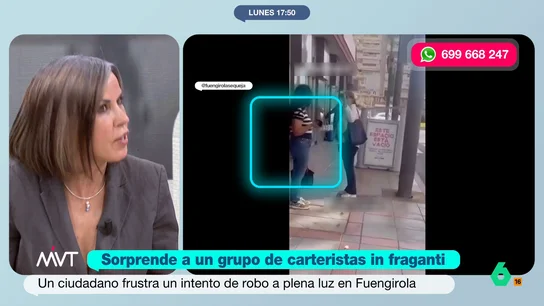 Un hombre se viste de héroe al impedir el robo de unas carteristas y Bea de Vicente avisa "Llamas a la policía, los identificas y les dices cómo van vestidos, pero lo de hacer de poli tú, no", comenta Bea de Vicente al ver cómo un hombre pone en aviso a una mujer que estaba siendo robada por unas carteristas en Fuengirola.