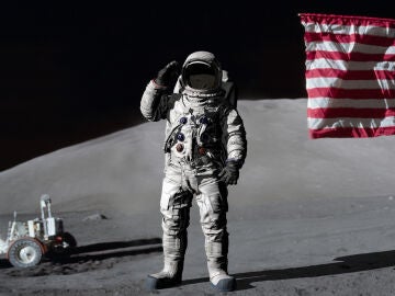 Astronauta estadounidense saludando desde la Luna