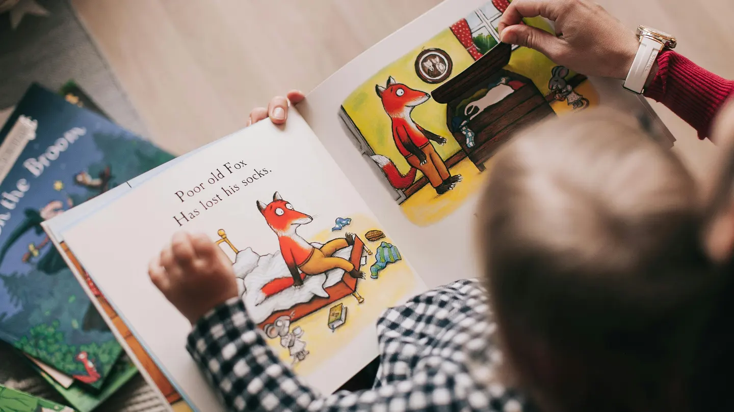 Un niño pequeño, leyendo un libro infantil Un niño pequeño, leyendo un libro infantil