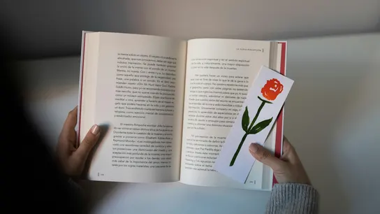 Un marcapáginas de una rosa sobre un libro Un marcapáginas de una rosa sobre un libro
