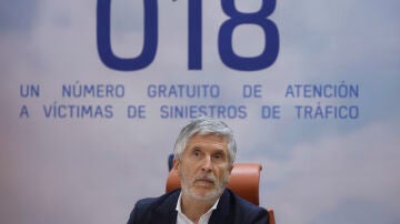 El ministro del Interior, Fernando Grande-Marlaska, durante la presentaci&oacute;n del tel&eacute;fono 018 de atenci&oacute;n a las v&iacute;citmas de accidentes de tr&aacute;fico.