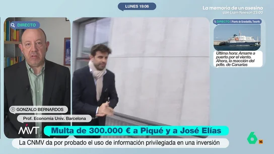 Gonzalo Bernardos, sobre la multa de la CNMV a Gerard Piqué: "Que haya operado tan a la brava, me resulta muy extraño" El exfutbolista tendrá que pagar una multa de 200.000 euros por usar información privilegiada para invertir en bolsa. Piqué, con esta operación, obtuvo un rendimiento de 48.000 euros.