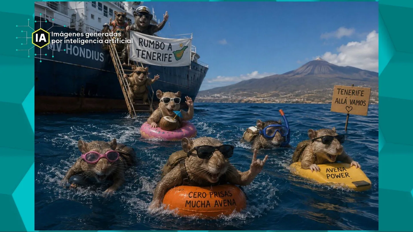 Ratas bajándose del MV Hondius camino de Tenerife en una imagen hecha por IA Ratas bajándose del MV Hondius camino de Tenerife en una imagen hecha por IA