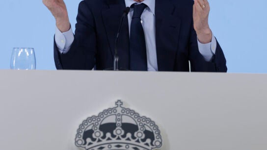 El presidente del Real Madrid, Florentino P&eacute;rez, durante la rueda de prensa de este martes.
