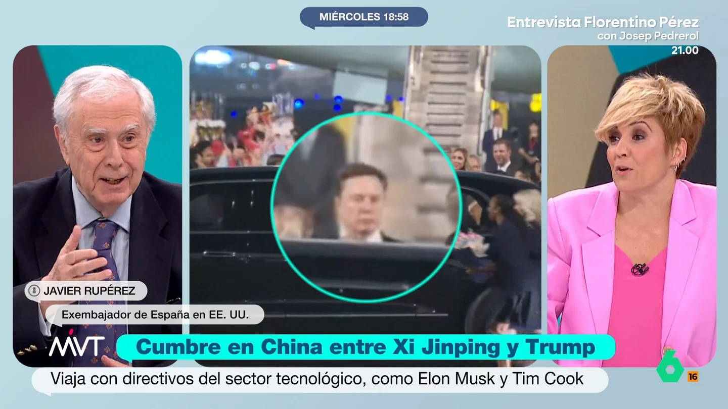 Javier Rupérez, sobre el séquito de tecnoligarcas que acompañan a Trump en su viaje a China: "Quieren que les dejen entrar" El exembajador de España en EEUU expone que estos magnates quieren poder hacer negocio y coparticipar en toda la actividad china.