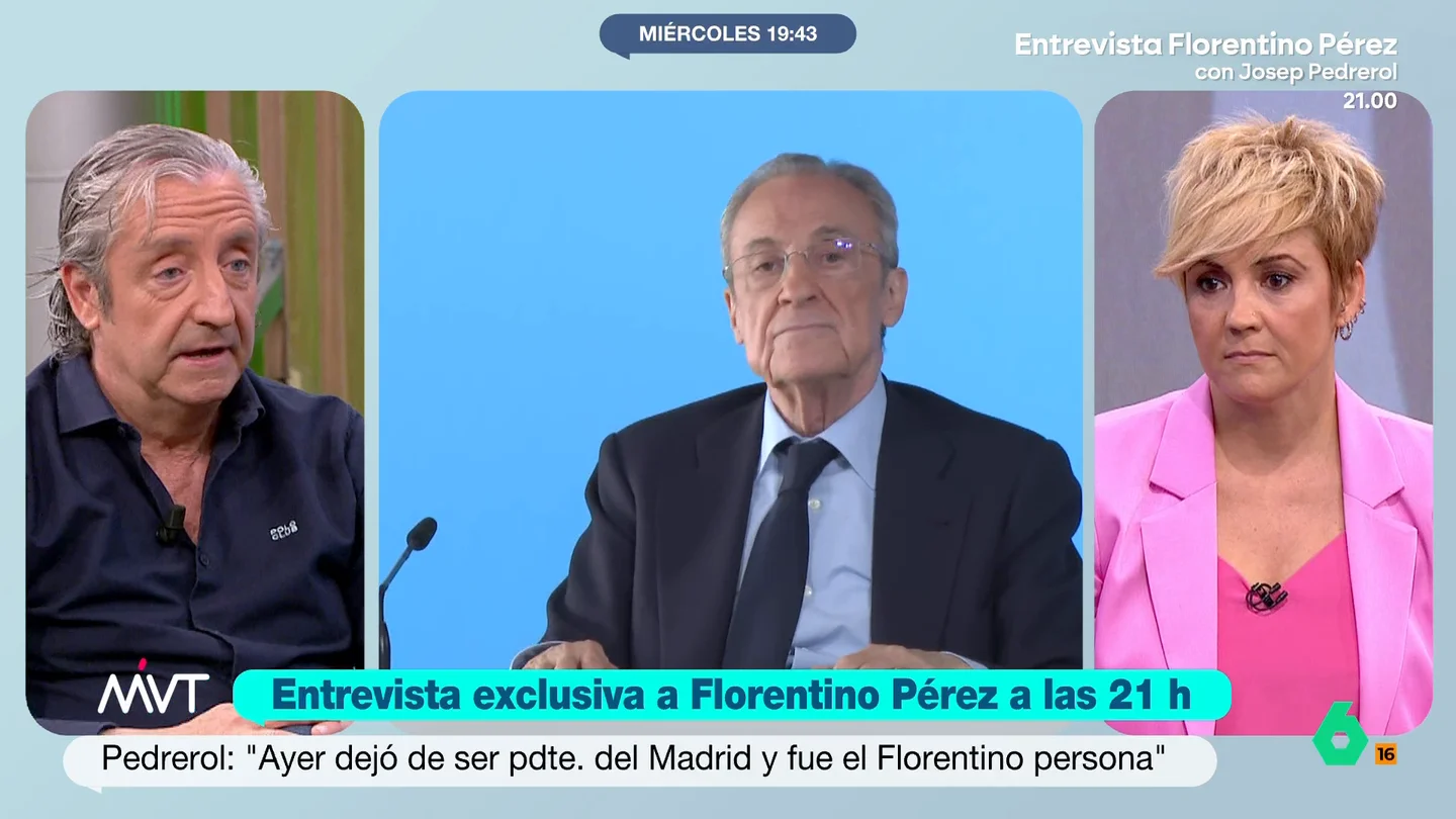 Josep Pedrerol desvela cómo está Florentino Pérez antes de su entrevista en laSexta: "Hoy ha tenido gente alrededor que le ha dicho lo que estaba bien y mal" Josep Pedrerol adelanta detalles en Más Vale Tarde de su entrevista exclusiva a Florentino Pérez esta noche en laSexta y reflexiona sobre la comentada rueda de prensa del presidente del Real Madrid.