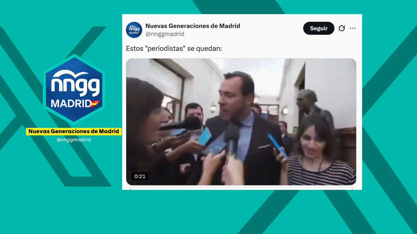 Las NNGG del PP atacan a los periodistas del Congreso tras ponerse de perfil en la expulsión de Vito Quiles y Bertrand Ndongo Las NNGG del PP atacan a los periodistas del Congreso tras ponerse de perfil en la expulsión de Vito Quiles y Bertrand Ndongo