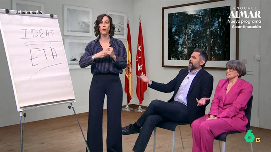 'Isabel Díaz Ayuso' busca nuevas ideas para justificar su viaje a México: de 'Malinche' a "narcomariachis etarras" 'Isabel Díaz Ayuso' organiza un 'brain storming' en busca de ideas para justificar su polémico viaje a México. Dani Mateo y Thais Villas le sugieren algunas, entre ellas aclarar quién lo pagó.