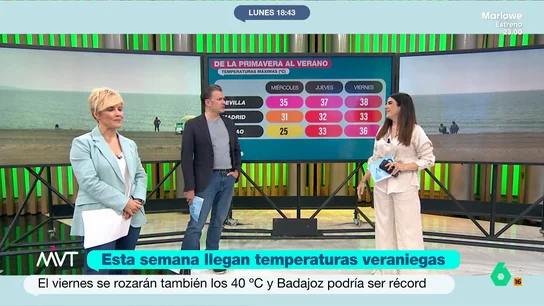 La 'amenaza' de Iñaki López ante la llegada de las temperaturas veraniegas: "El jueves presento en bañador turbo" A partir del miércoles, la península vivirá una notable subida de temperaturas que acercará a ciudades como Sevilla a los 40 grados. Un calor "extraordinario", según Joanna Ivars ante el que Iñaki López reacciona.
