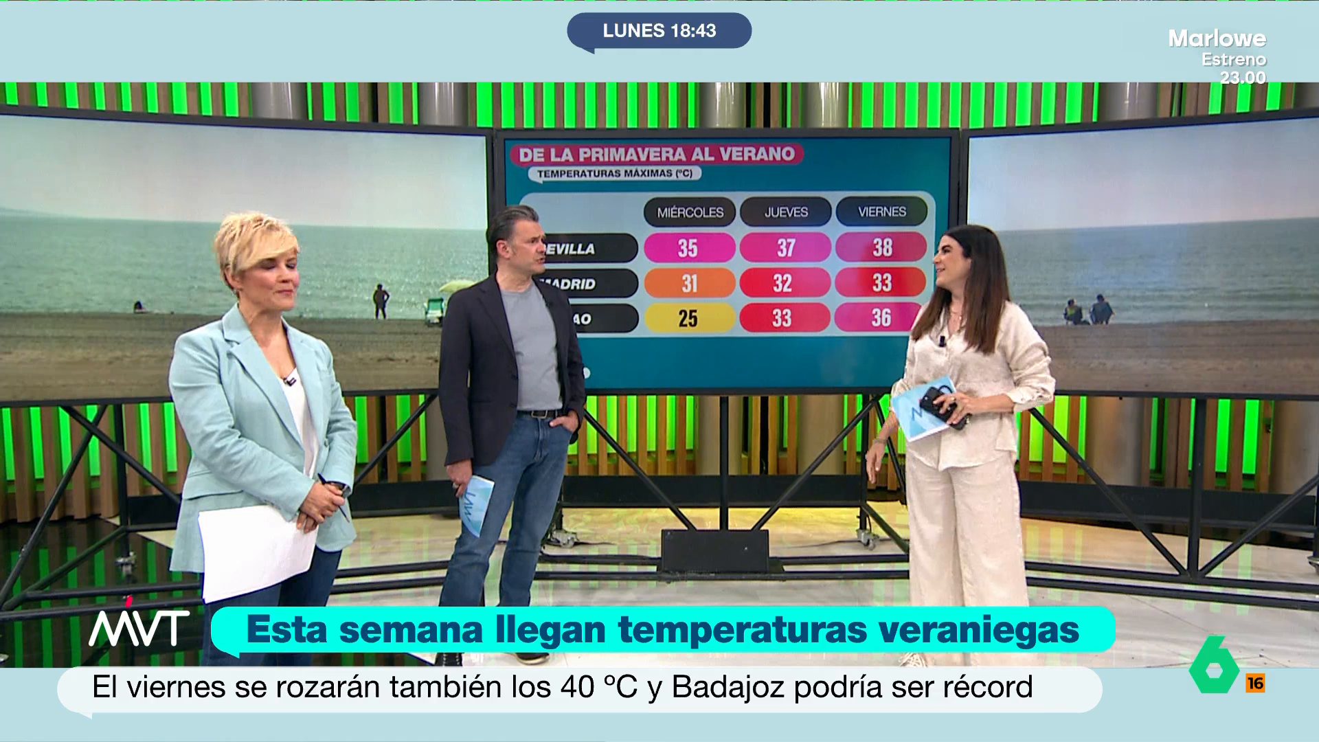 La 'amenaza' de Iñaki López ante la llegada de las temperaturas veraniegas: "El jueves presento en bañador turbo" A partir del miércoles, la península vivirá una notable subida de temperaturas que acercará a ciudades como Sevilla a los 40 grados. Un calor "extraordinario", según Joanna Ivars ante el que Iñaki López reacciona.