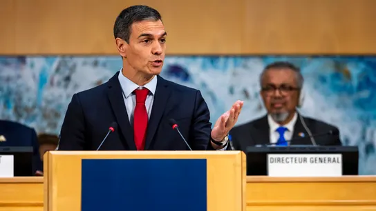 El presidente del Gobierno, Pedro Sánchez, durante su intervención ante la 79 Asamblea Mundial de la Salud, que se celebra en Ginebra. El presidente del Gobierno, Pedro Sánchez, durante su intervención ante la 79 Asamblea Mundial de la Salud, que se celebra en Ginebra.