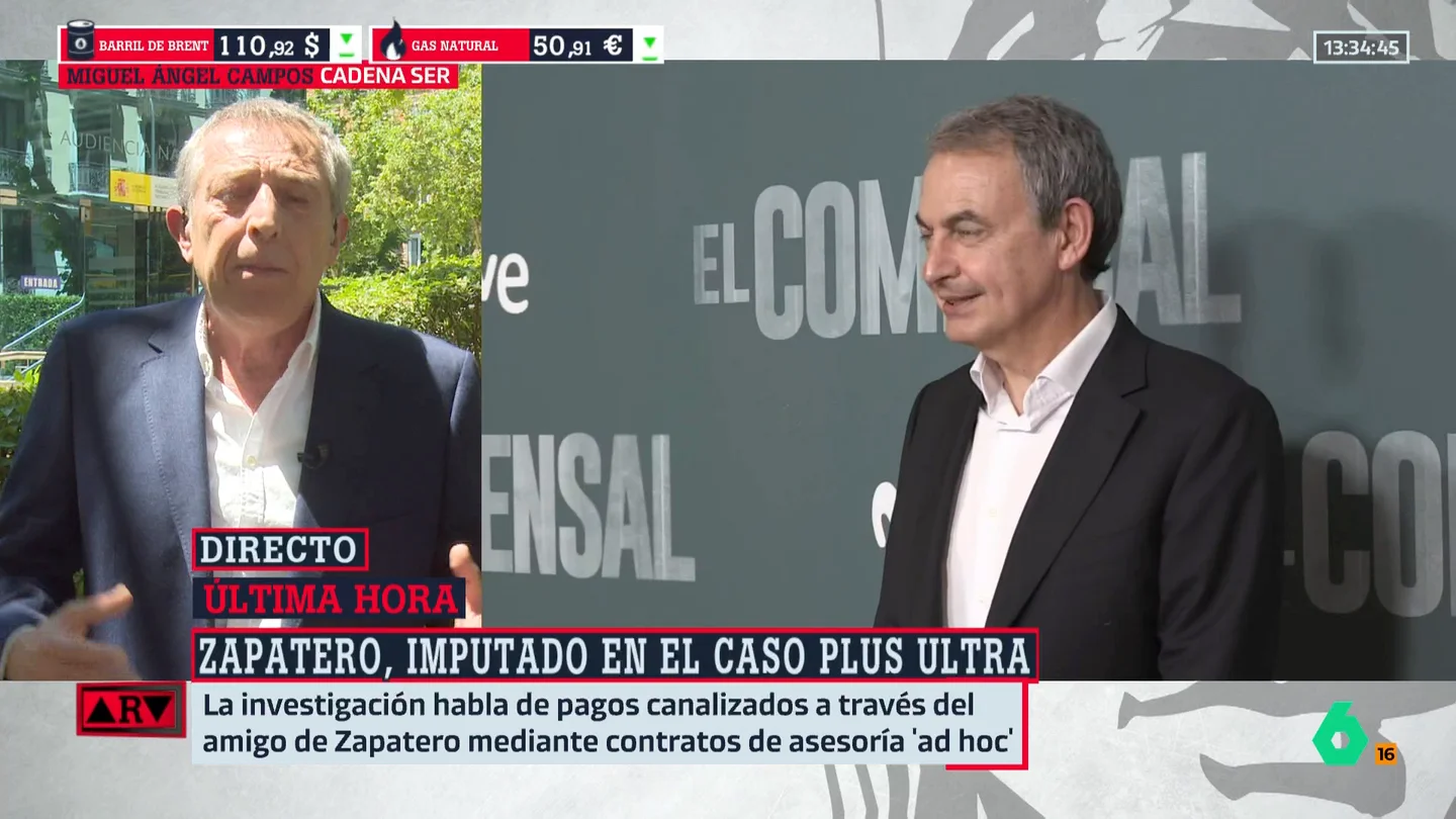 Miguel Ángel Campos analiza la imputación de Zapatero: "Si no hay agua en la piscina, ningún juez de la Audiencia Nacional se atreve a dar un paso así" Miguel Ángel Campos analiza la imputación de Zapatero: "Si no hay agua en la piscina, ningún juez de la Audiencia Nacional se atreve a dar un paso así"