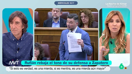 Carmen Morodo, tras la imputación de Zapatero: "Rufián y compañía están ensayando ya la posición de salida" Carmen Morodo asegura que el cambio de posición de Gabriel Rufián de ayer a hoy sobre la imputación de Zapatero "dice mucho a favor de él" y cree que los socios del Gobierno "prevén un fin de ciclo donde Sánchez también está de salida".