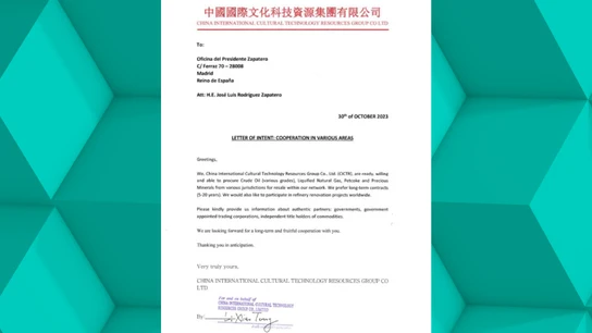 Carta de intenciones enviada por China a José Luis Rodríguez Zapatero. Carta de intenciones enviada por China a José Luis Rodríguez Zapatero.