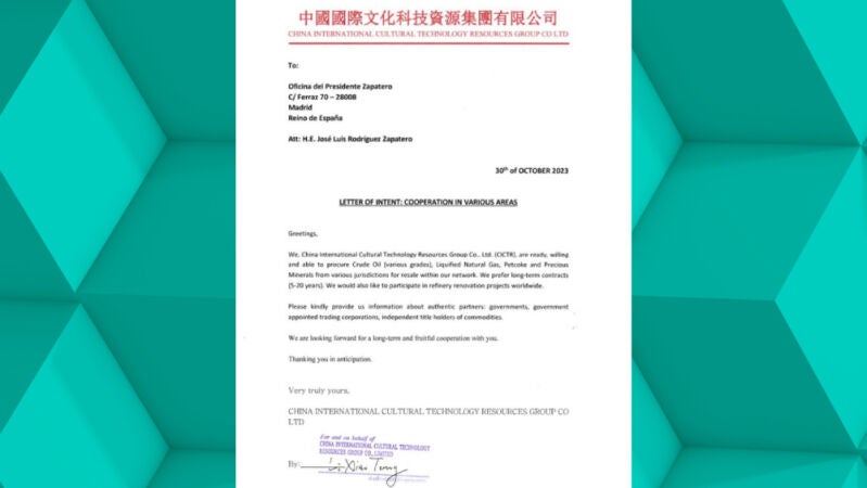 Carta de intenciones enviada por China a Jos&eacute; Luis Rodr&iacute;guez Zapatero. 