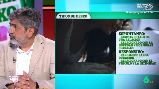 Arun Mansukhani desmonta el mito de la espontaneidad en el sexo: "Casi todo lo que te dijeron antes de los 25 está mal" Arun Mansukhani analiza en Zapeando los dos tipos de deseo sexual. El espontáneo, típico de las relaciones que empiezan, y el responsivo, más habitual en las de larga duración y cómo en el segundo caso podemos potenciarlo agendando momentos de intimidad.